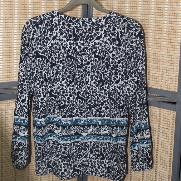 LOFT Navy White & Teal Blouse with Woodland Creatures and Unicorn Motif - Picture 3 of 8